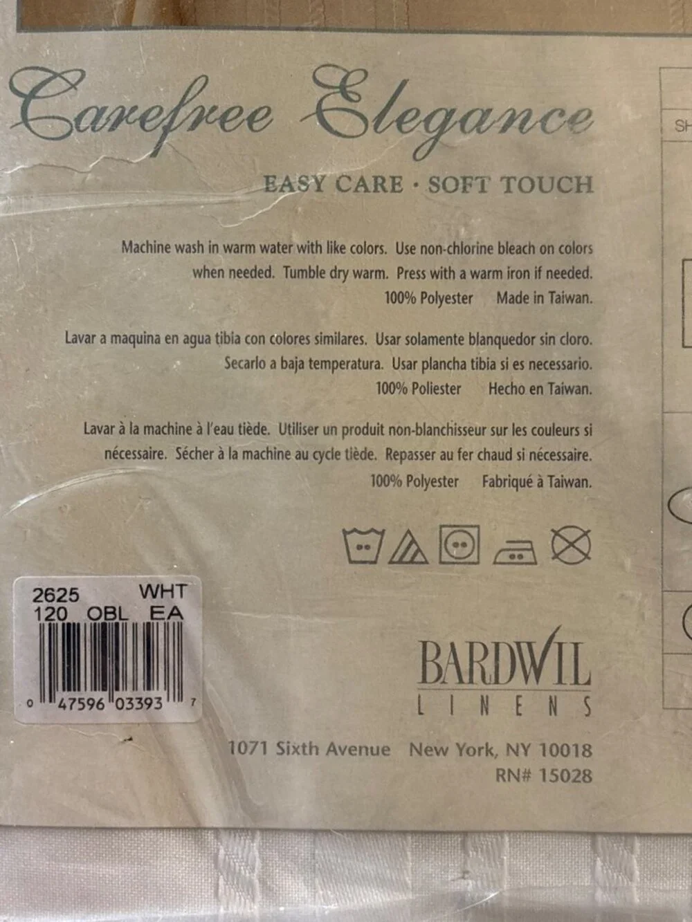 Bardwil Carefree Elegance Tablecloth 60 x 120 Oblong White Polyester Easy Care S